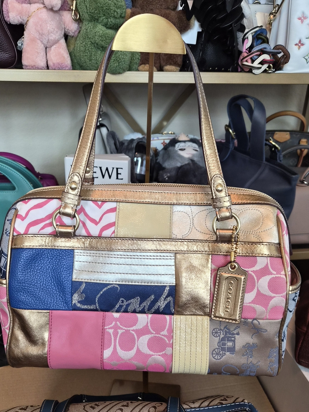 COACH Pink and Gold Patchwork Bowler Satchel Bag EUC F17164 - Picture 2 of 8